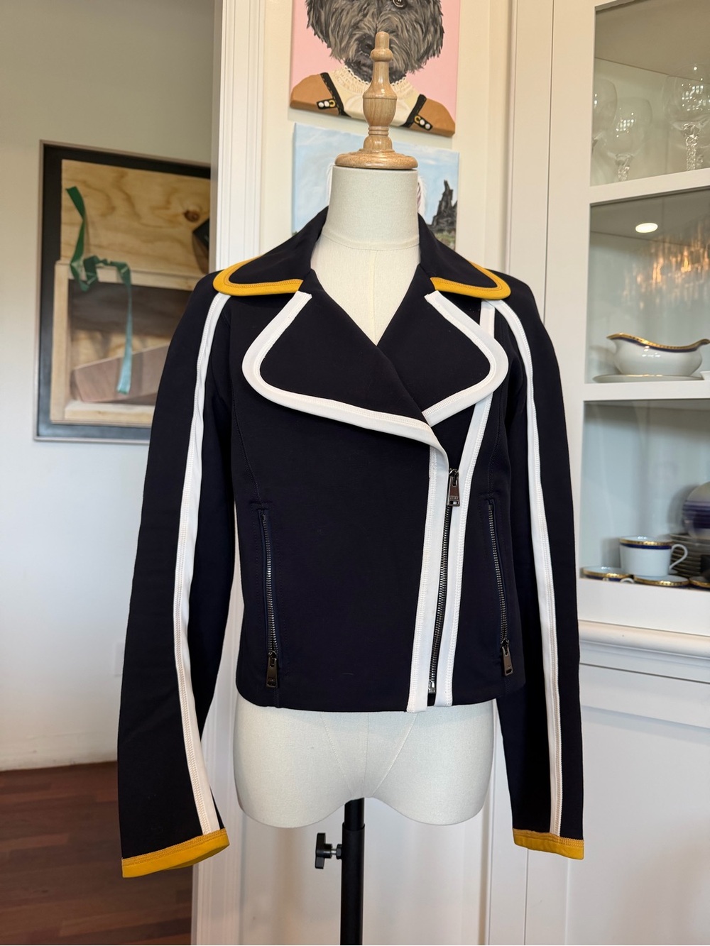 Fendi NWT Moto Jacket with White Piping and Yellow Trim - Picture 4 of 12